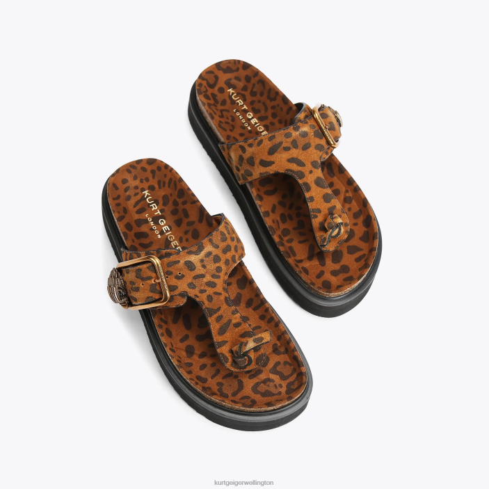 Kurt Geiger NZ - Kurt Geiger Mid Brown London Eagle Buckle T-Bar Slides PZ2X442